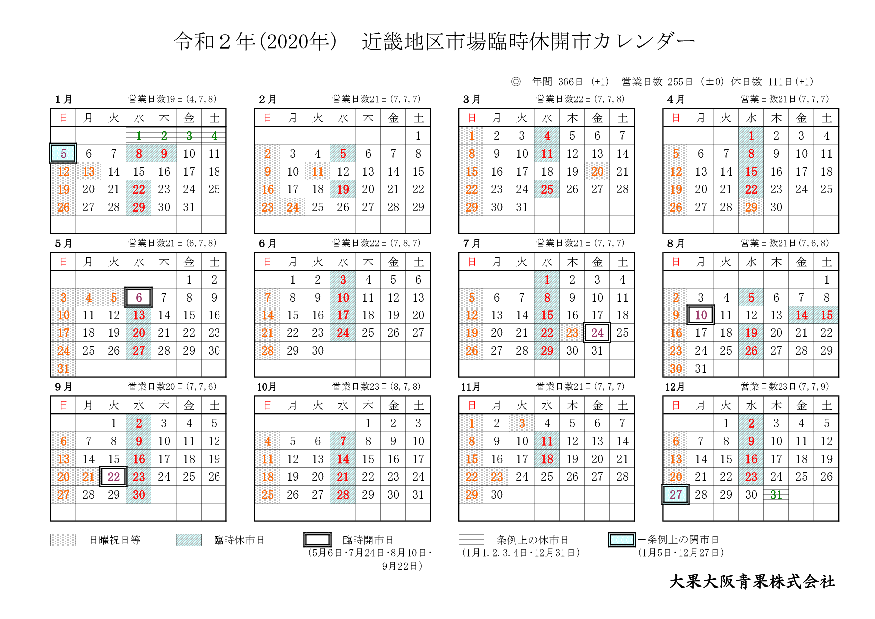 年カレンダー 大果大阪青果